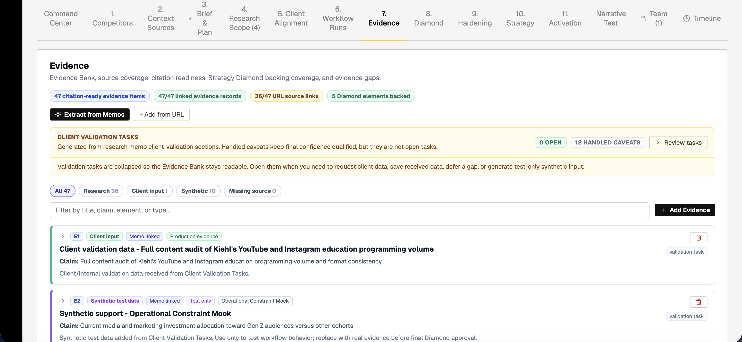 Garden Evidence Bank interface showing citation-ready evidence items