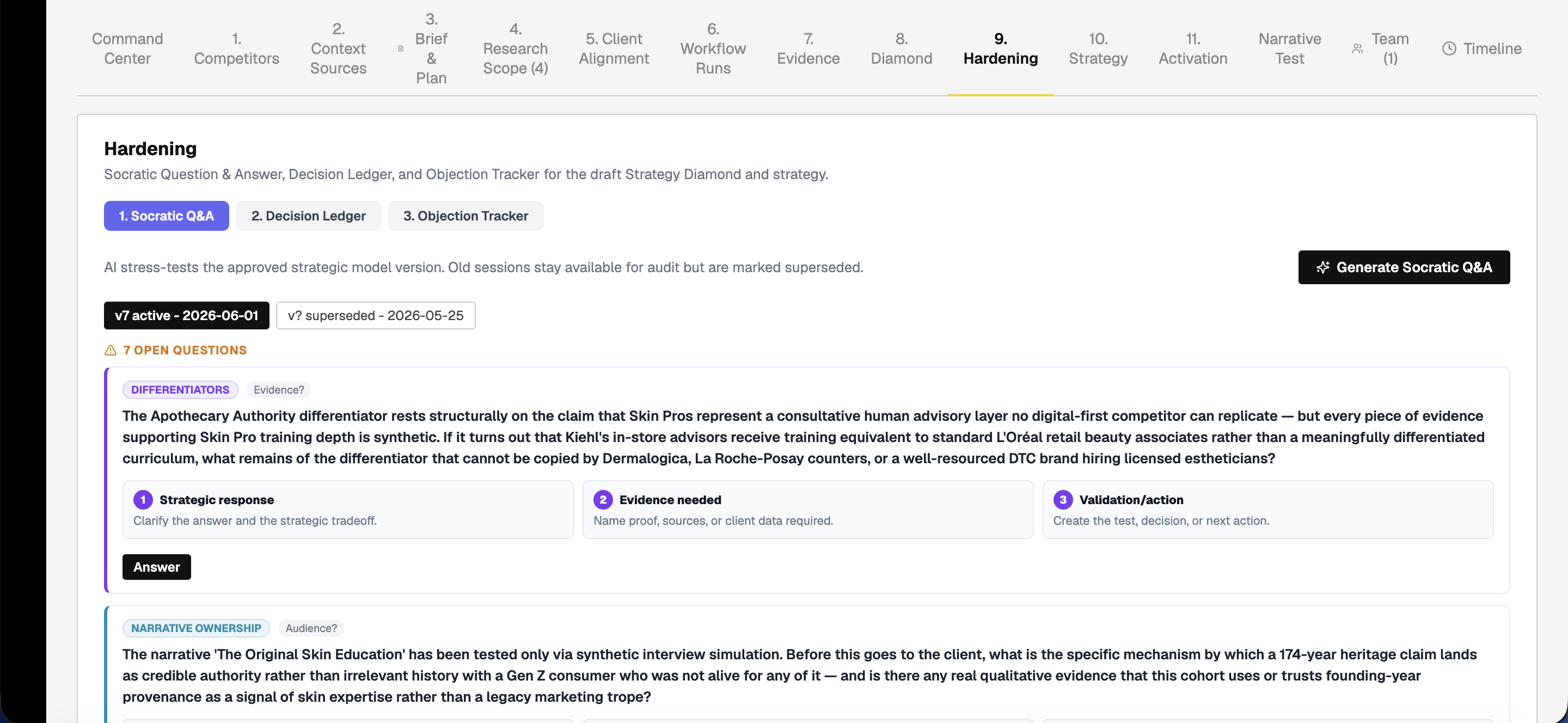 Garden Strategy Hardening interface with Socratic questions